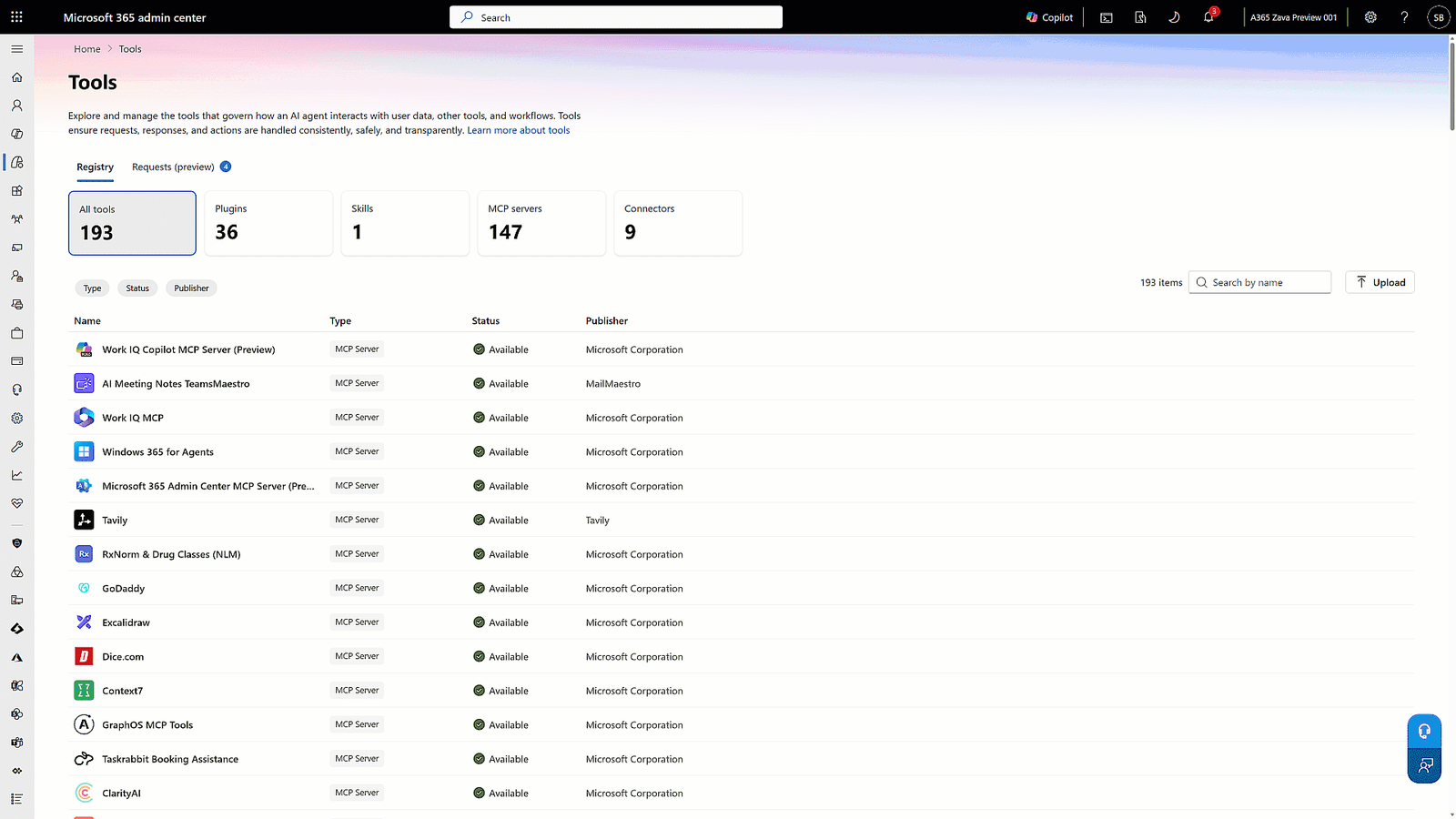 Microsoft 365 admin center Tools registry listing MCP servers, plugins, skills, and connectors with type, status, and publisher columns, totaling 193 tools including 147 MCP servers.
