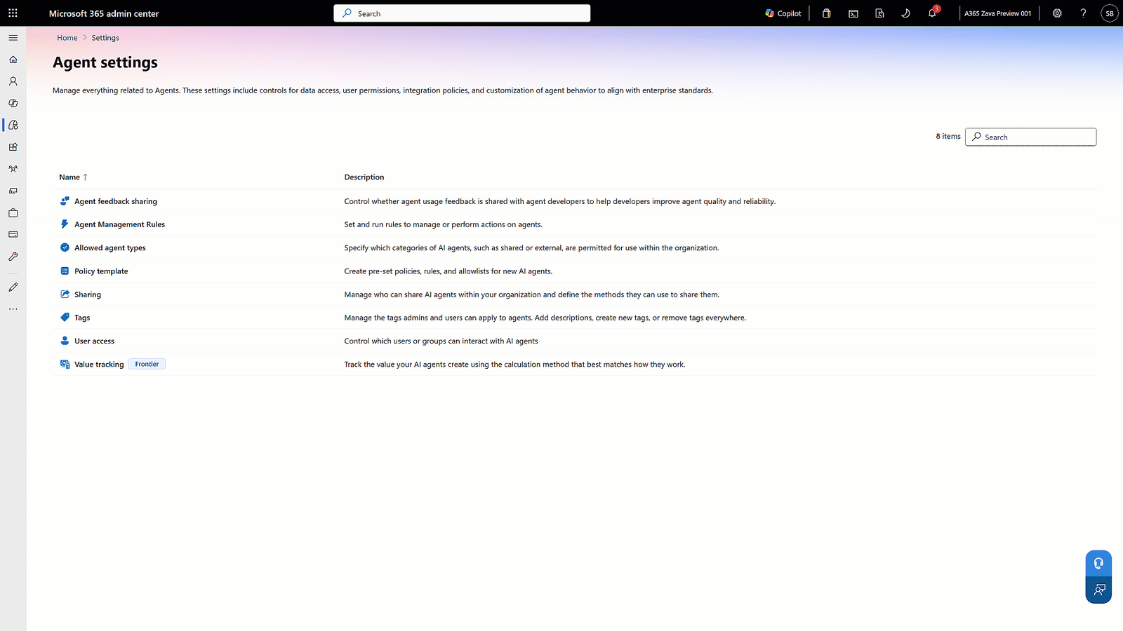Microsoft 365 admin center Agent settings page listing Agent management rules, policy templates, user access, tags, and Value tracking preview among tenant-wide agent controls.