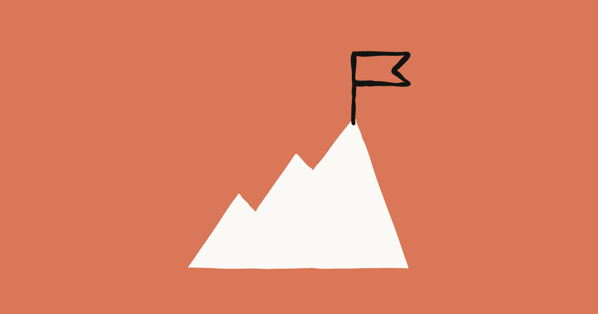 Claude illustration of a white mountain range with a flag on the tallest peak on a terracotta background.