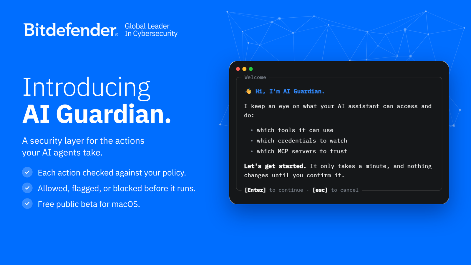 Bitdefender announcement graphic reading Introducing AI Guardian, a security layer for the actions your AI agents take, beside a terminal window showing the AI Guardian first-run setup.