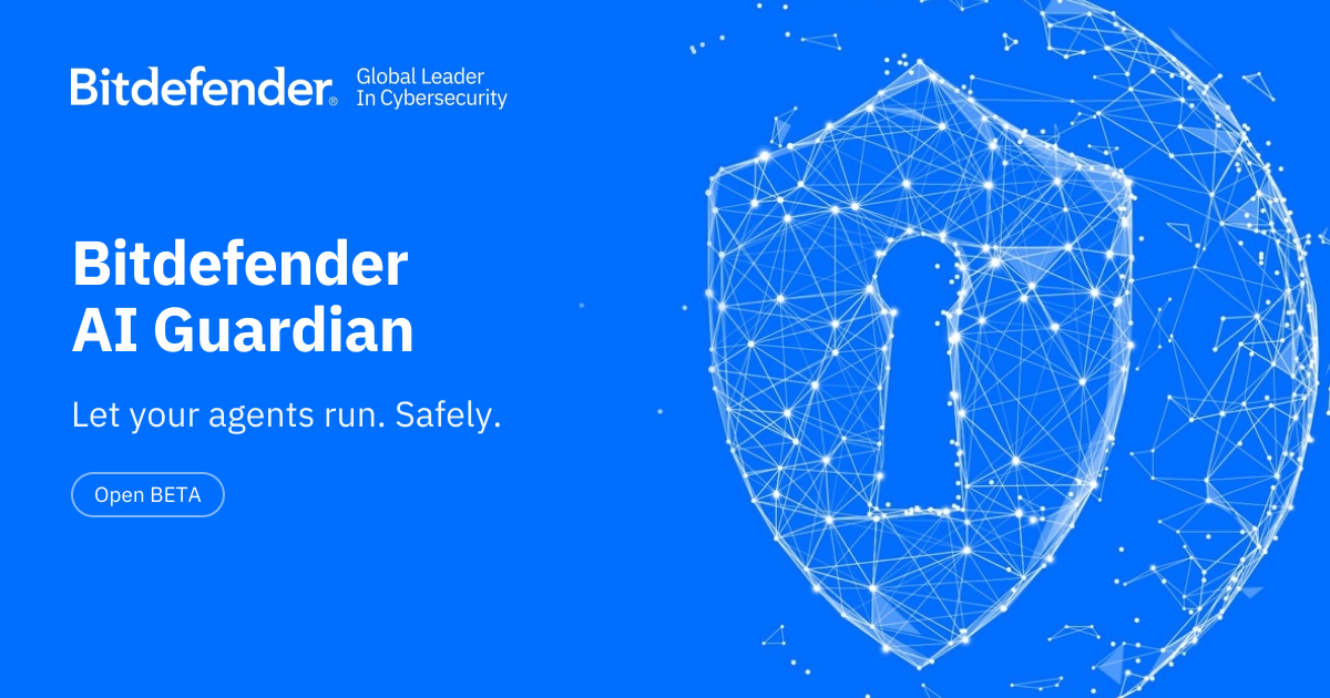 Bitdefender AI Guardian product card on a blue background with a wireframe shield and the line Let your agents run. Safely.