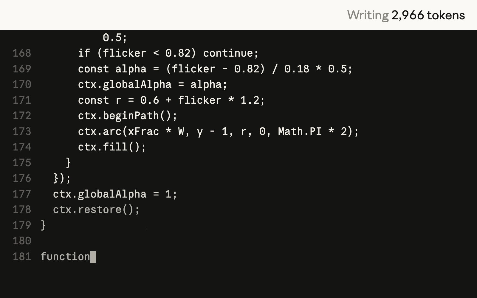 Code editor showing Sonnet 5 still writing the code for a sand dunes visualization, from the same prompt given to both models