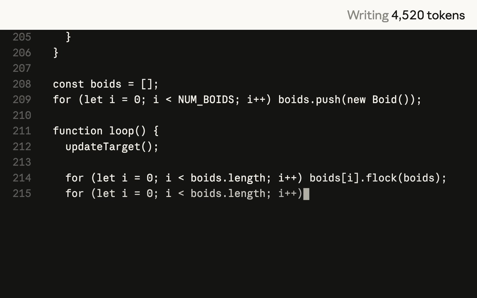 Code editor showing Sonnet 5 still writing the code for a starling murmuration simulation, from the same prompt given to both models