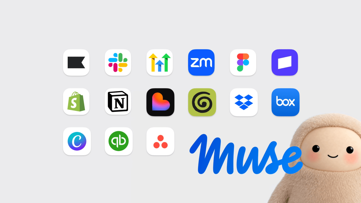 Meta Muse open-graph graphic showing a grid of business app icons beside the Muse wordmark and mascot.