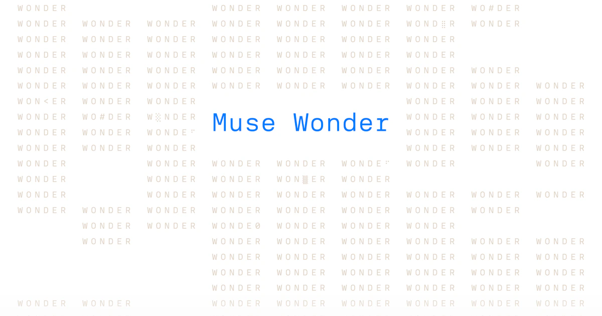 Meta launch graphic: the words Muse Wonder in blue, centered on a grid of the word WONDER repeated in pale type.