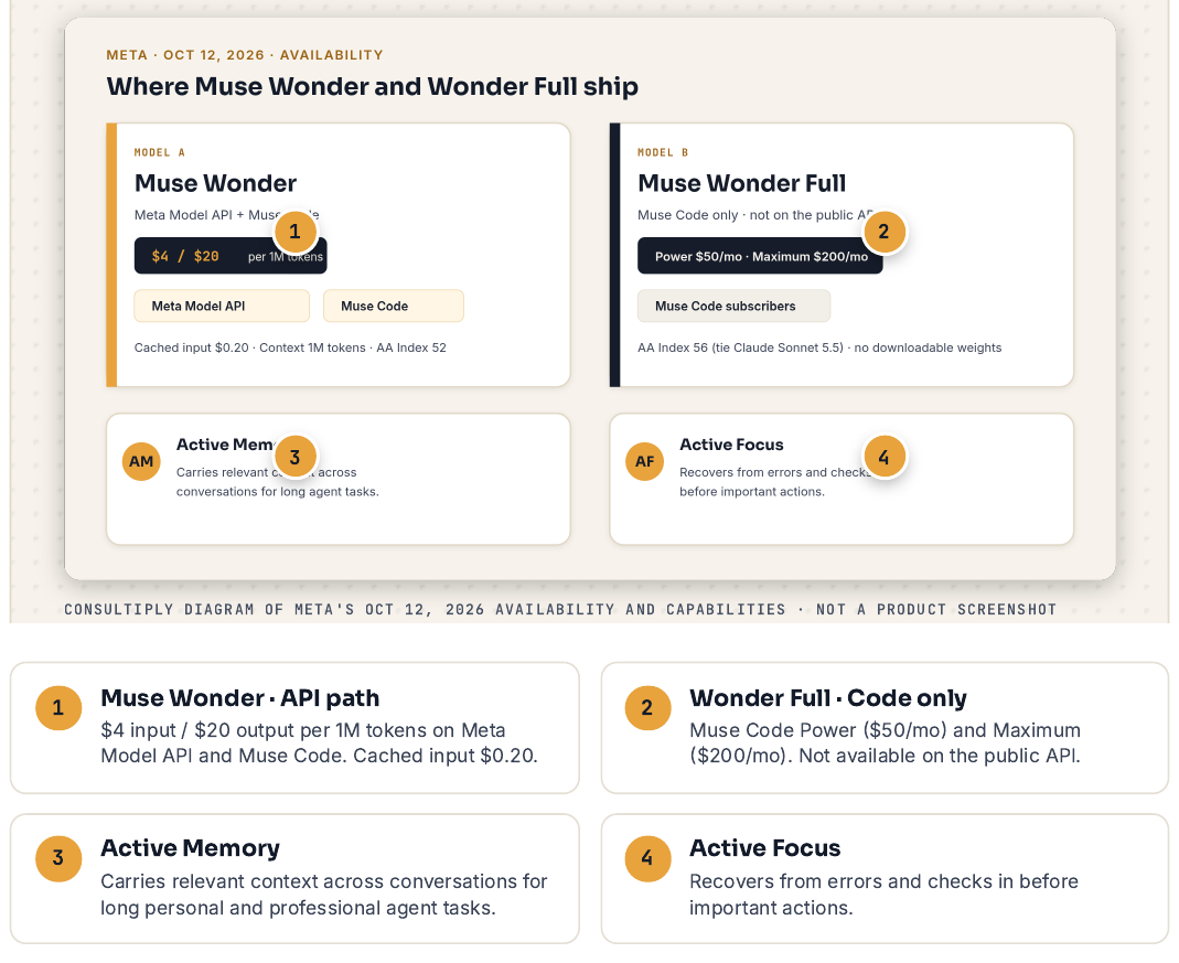 Diagram titled Where Muse Wonder and Wonder Full ship. Model A, Muse Wonder: Meta Model API and Muse Code, $4 / $20 per 1M tokens, cached input $0.20, context 1M tokens, Artificial Analysis index 52. Model B, Muse Wonder Full: Muse Code only, not on the public API, Power $50 a month and Maximum $200 a month, index 56, tied with Claude Sonnet 5.5, no downloadable weights. Below: Active Memory carries context across conversations; Active Focus recovers from errors and checks in before important actions.